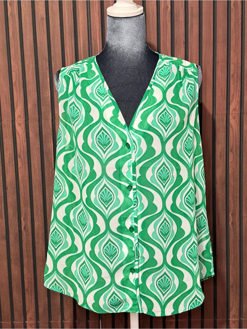CAbi Green Retro Print Sleeveless Blouse Top Size M